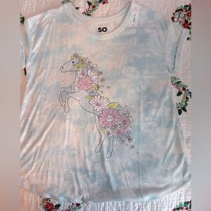 NEW Condition SO shirt. Color blue & white with multi colors, size XL (14/16)